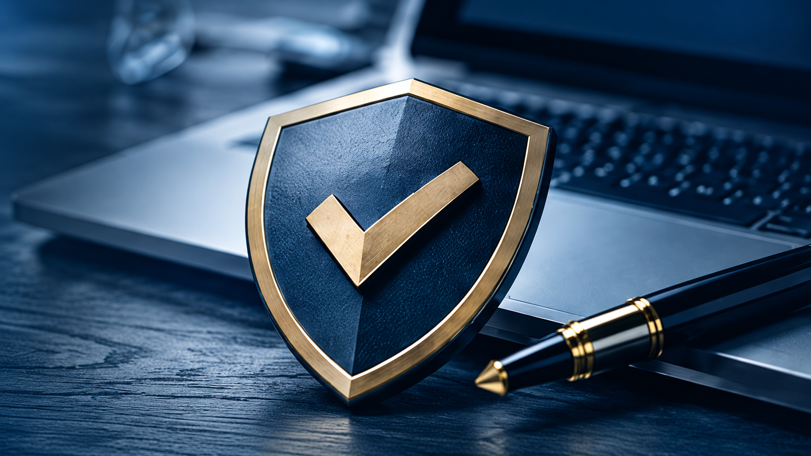 Professional credential verification concept with shield and check mark
